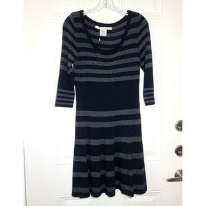 Max Studio Dress Size MP Fit Flare Stripe Black Gray 3/4 Sleeve Stretch